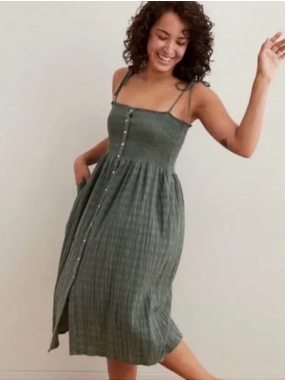 Aerie Smocked Button-Front Midi Dress Sage Green XS - Picture 2 of 8